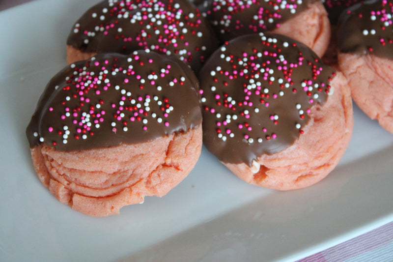 Strawberry Cookies Dipped in Chocolate with White Chocolate Chips "Dippers"