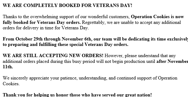 WE ARE COMPLETELY BOOKED FOR VETERANS DAY