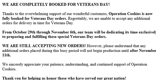 WE ARE COMPLETELY BOOKED FOR VETERANS DAY