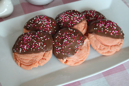 Strawberry Cookies Dipped in Chocolate with White Chocolate Chips "Dippers"