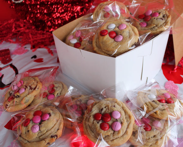 Angie's Chocolate Chip Cookies with Valentine's Day M&M'S on top